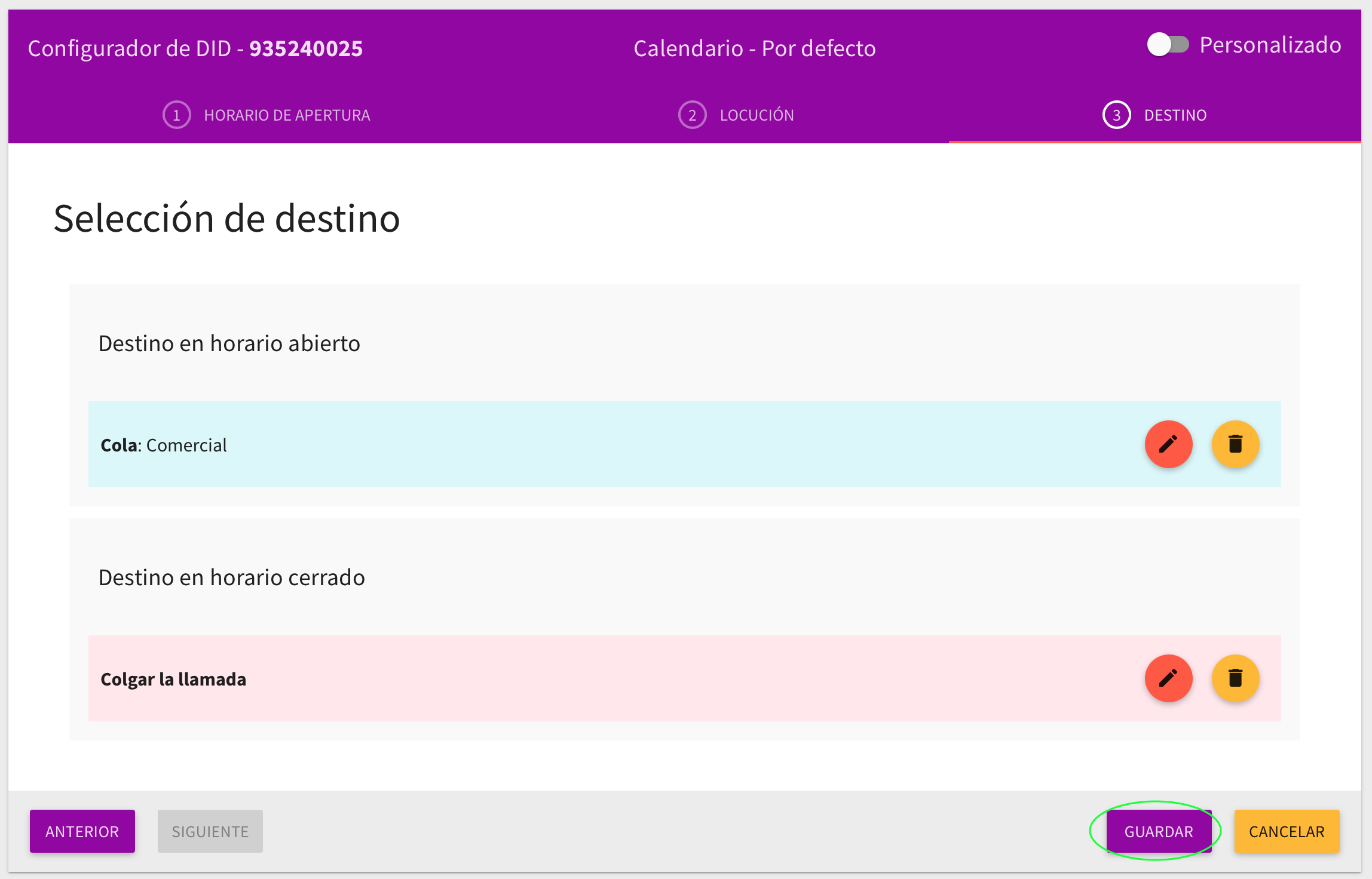 configurar destino centralita